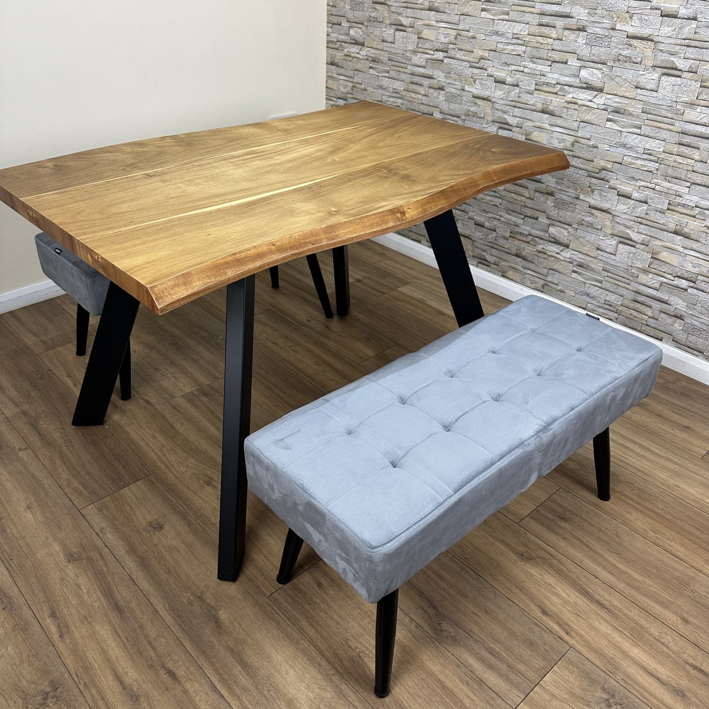 DOUBS Wood Dining Table and 2 Grey Velvet Benches 3-Piece Set