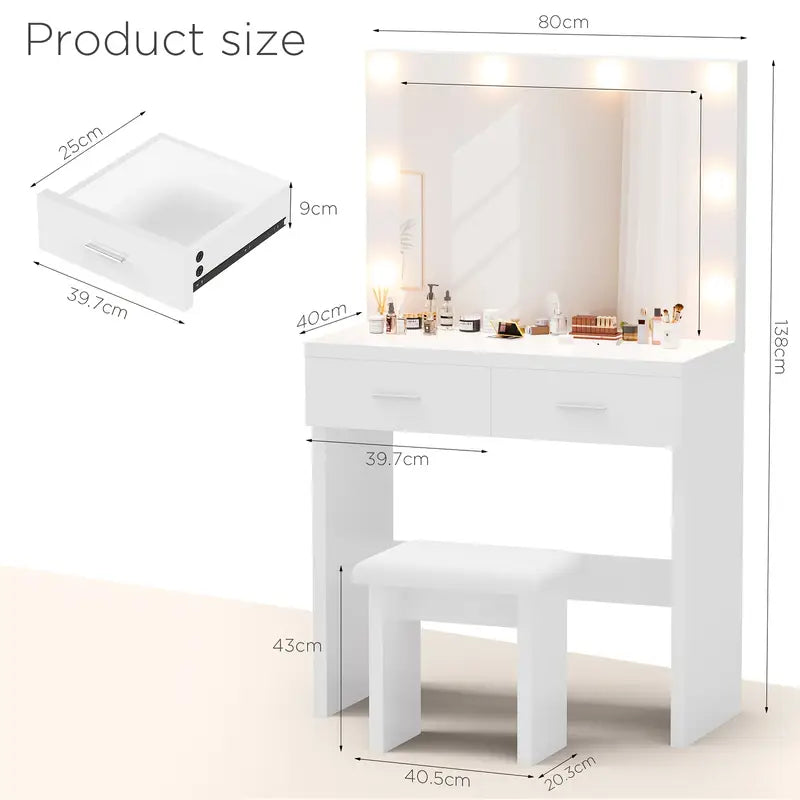 White Dressing Table Set with Hollywood LED Mirror, 2 Large Drawers, and Stool – Vanity Makeup Table with Adjustable 3-Colour Lights, USB Port, and Storage for Bedroom Décor