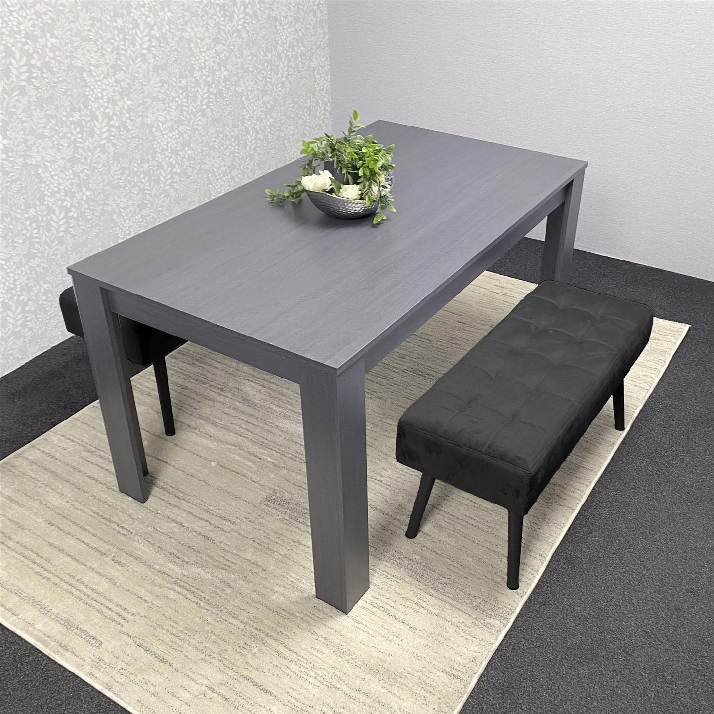 Wooden Dark Grey Arrow Design Dining Set with Velvet Chairs & Benches