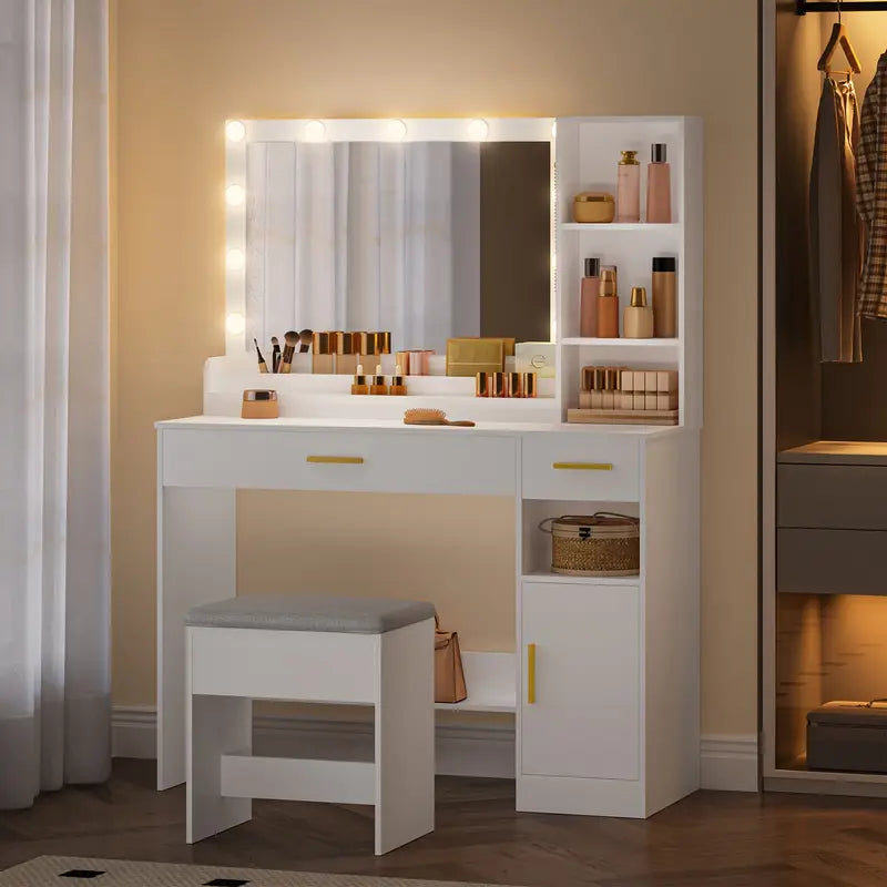 White Vanity Dressing Table with Large Mirror, Stool, and Ample Storage – Makeup Desk with Drawers, Cupboard, and Organiser for Cosmetics and Jewellery