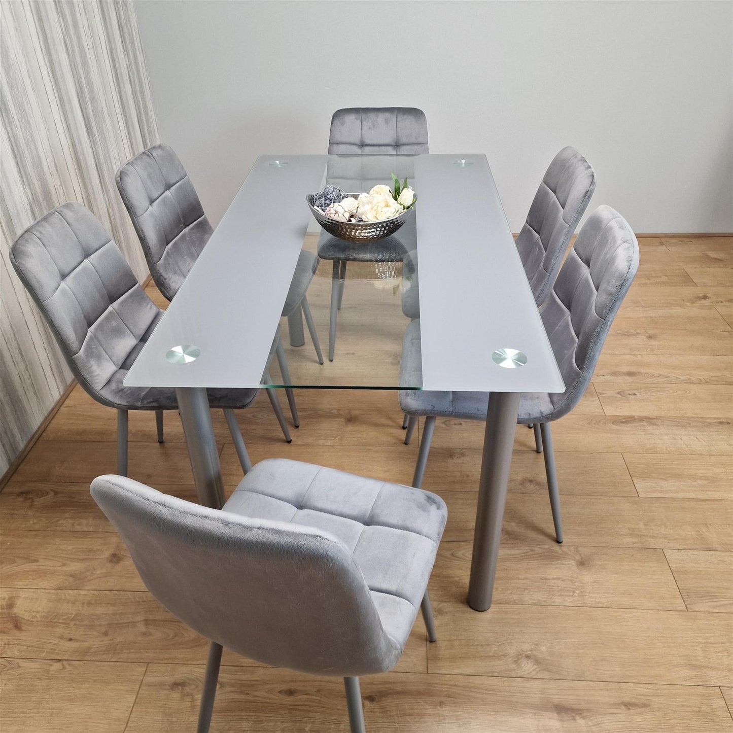 Dining Table and 6 Chairs Grey Clear Glass 6 Velvet Grey Chairs Dining Room Furniture