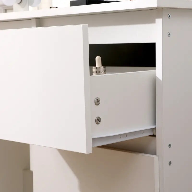 White Vanity Dressing Table with Large Mirror and Lights – 4 Drawer Makeup Desk with Ample Storage, Modern Bedroom Furniture for Jewellery, Cosmetics, and Beauty Essentials