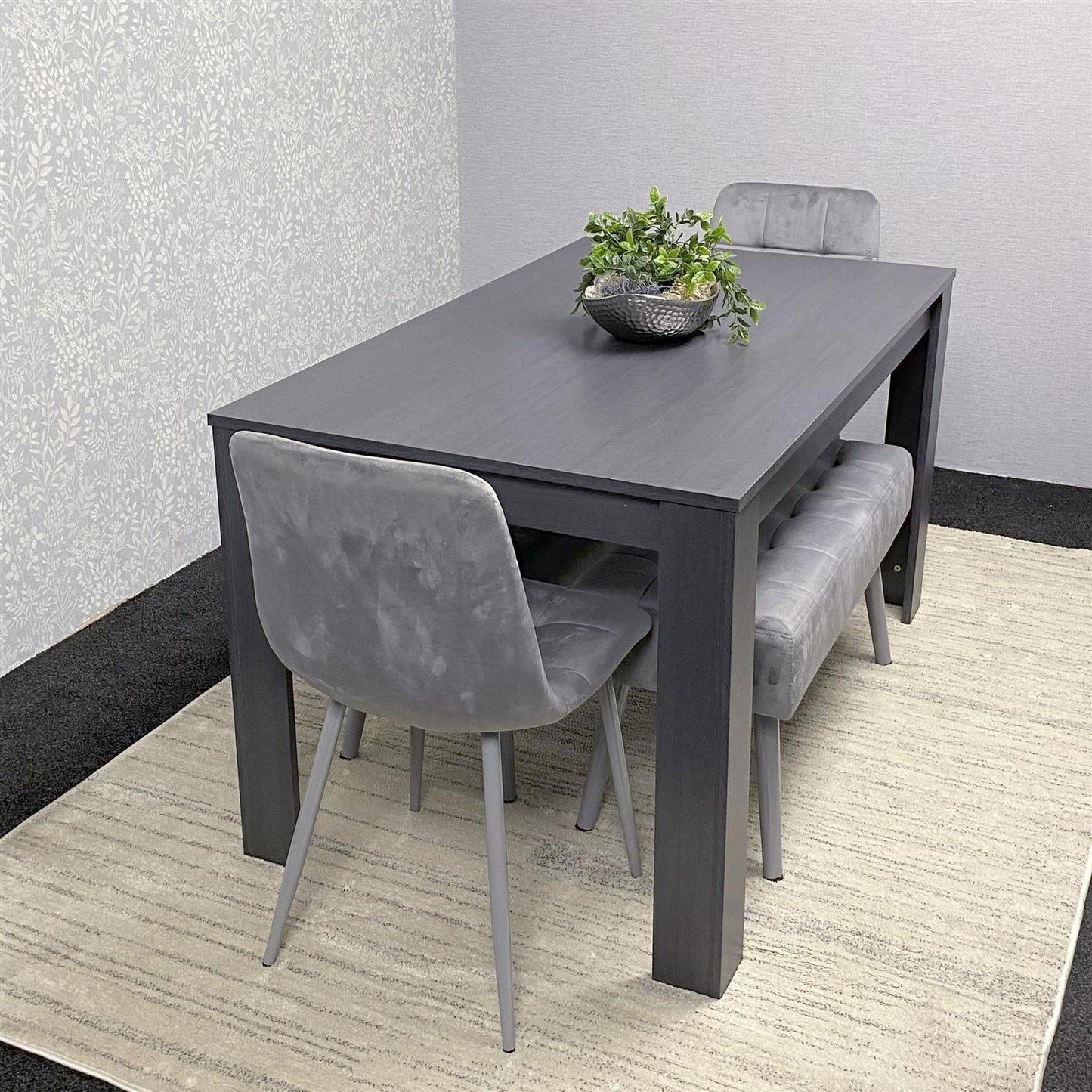 DOUBS Dark Grey Arrow Design Wooden Dining Table with Velvet Chairs and 2 Benches