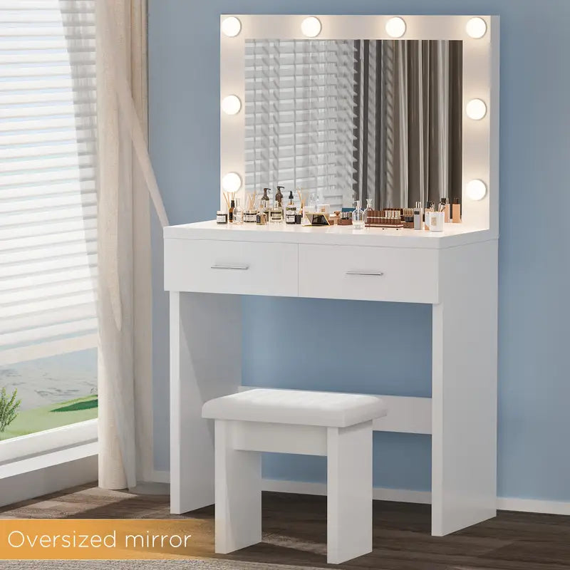 White Dressing Table Set with Hollywood LED Mirror, 2 Large Drawers, and Stool – Vanity Makeup Table with Adjustable 3-Colour Lights, USB Port, and Storage for Bedroom Décor