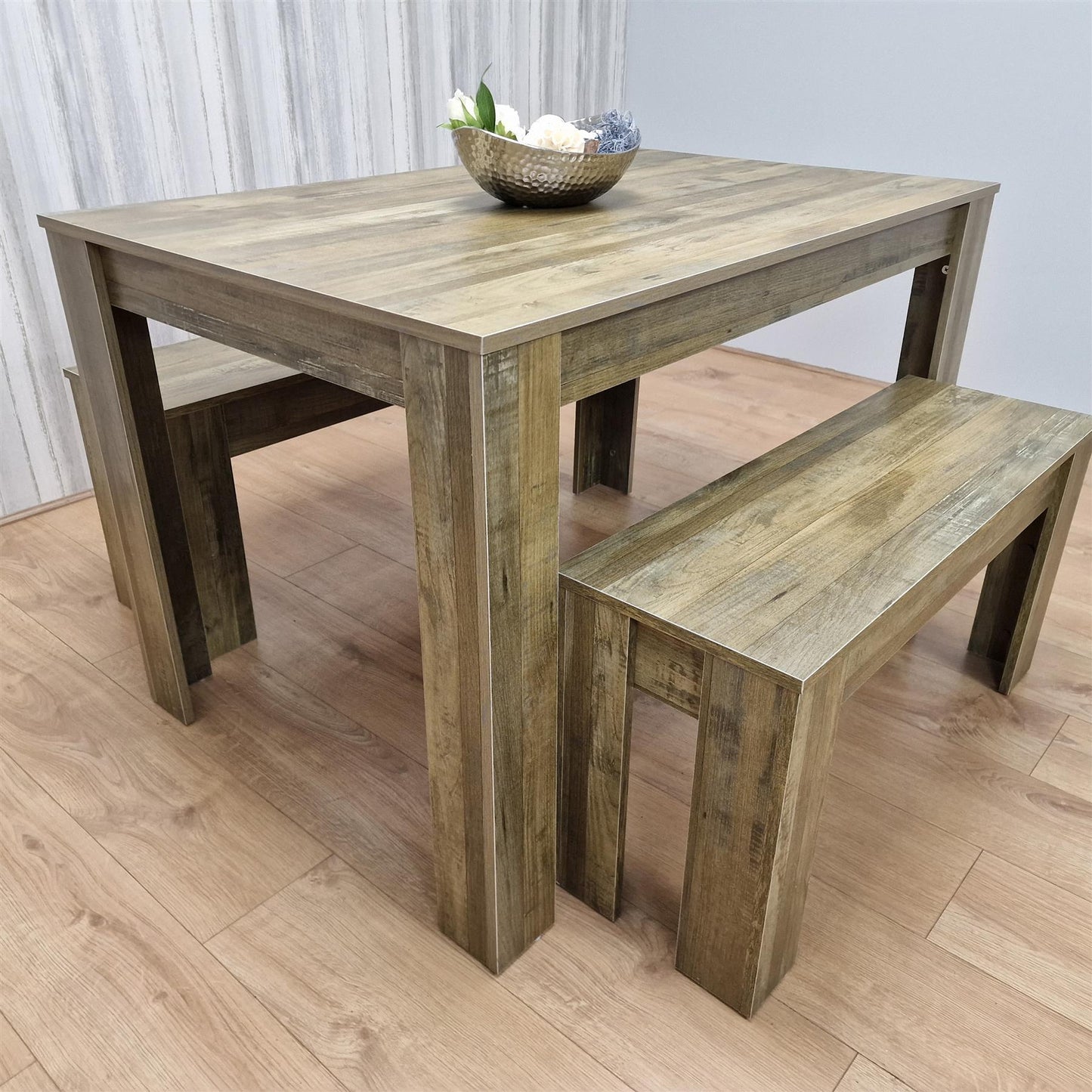 DOUBS Dining Table and 2 Benches Rustic Effect Wood Table Rustic Benches Dining Room