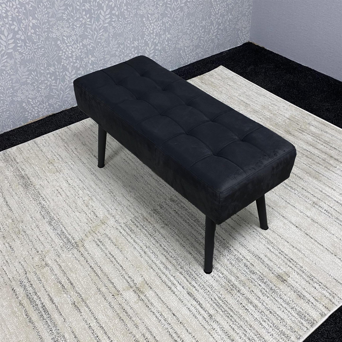 DOUBS Wooden Brown Dining Table with 2 Grey Velvet Chairs and Black Padded Bench, Dining Room Furniture