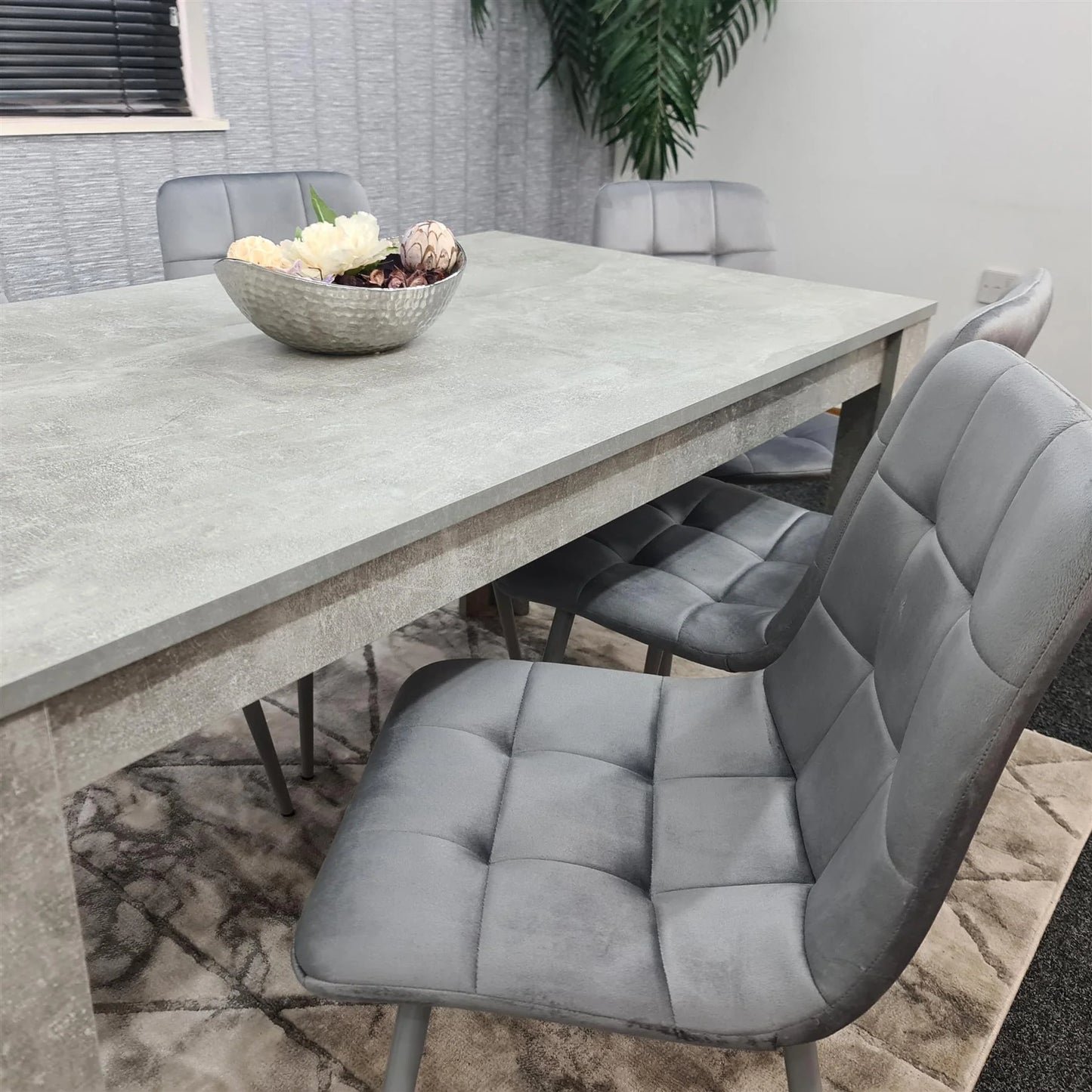 Doubs Grey Wooden Effect Dining Table Set with 6 Tufted Velvet Grey Chairs , Melamine Finish, Modern Curved Back Design