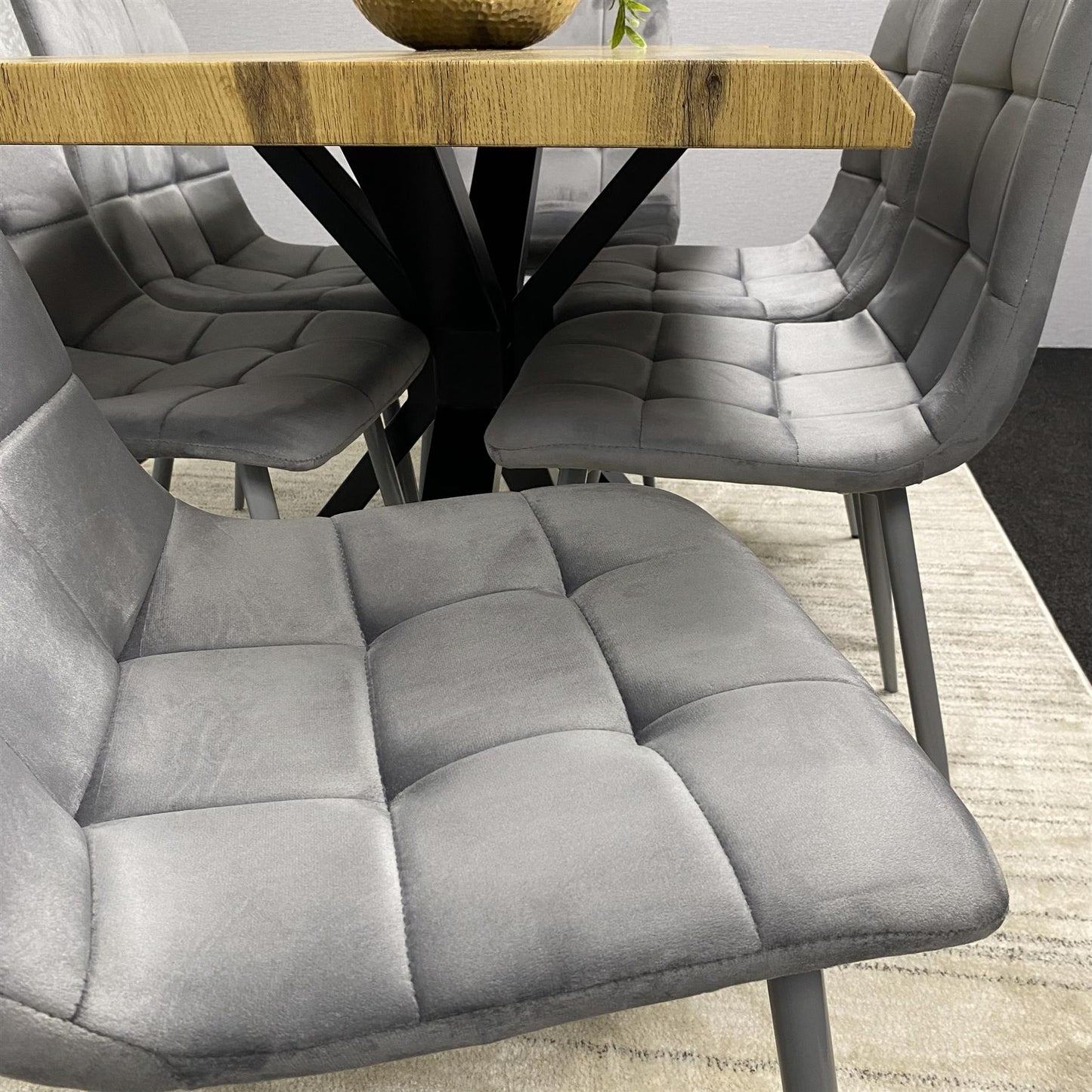 DOUBS Wooden Dining Table with 6 Grey Velvet Chairs - Dining Kitchen Room Furniture