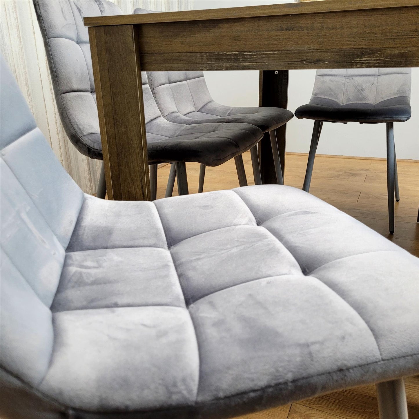 DOUBS Wooden Dining Table Set for 6 Rustic Effect Table With 4 Grey Velvet Chairs and 1 Bench