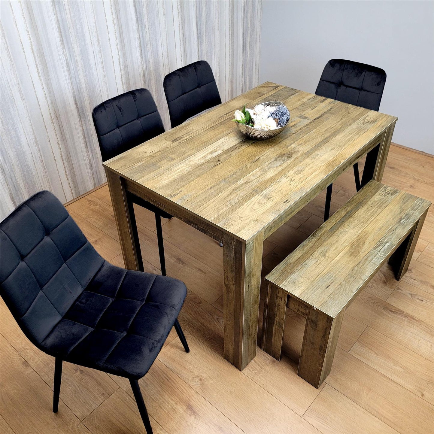Modern Dining Table with 4 Black Velvet Chairs and Bench Kitchen Set