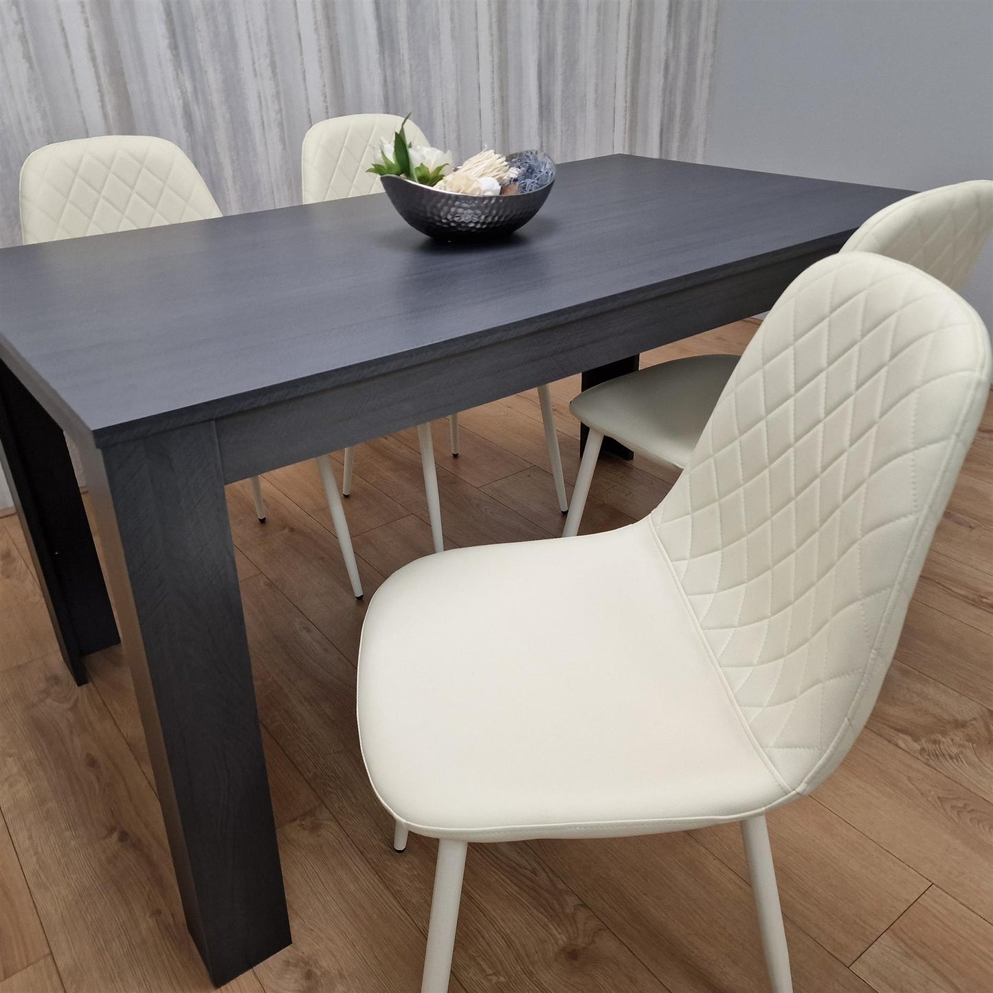 DOUBS Dining Table and 4 Chairs Black Dark Grey Leather Cream Chairs Wood Dining Set Furniture