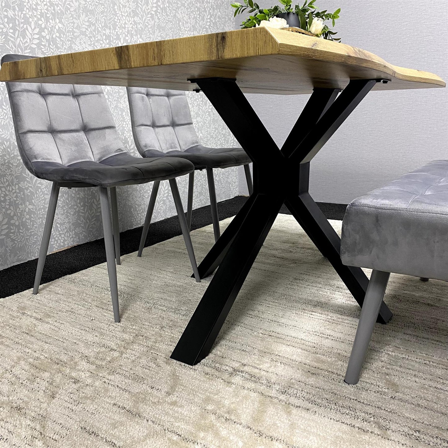 DOUBS Wood Dining Set with Tufted Velvet Chairs & Grey Velvet Bench
