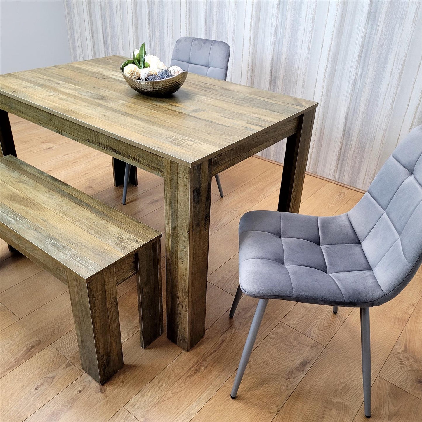 DOUBS Dining Table Set for 4 Rustic Effect Dining Table With 2 Grey Velvet Chairs and 1 Matching Bench