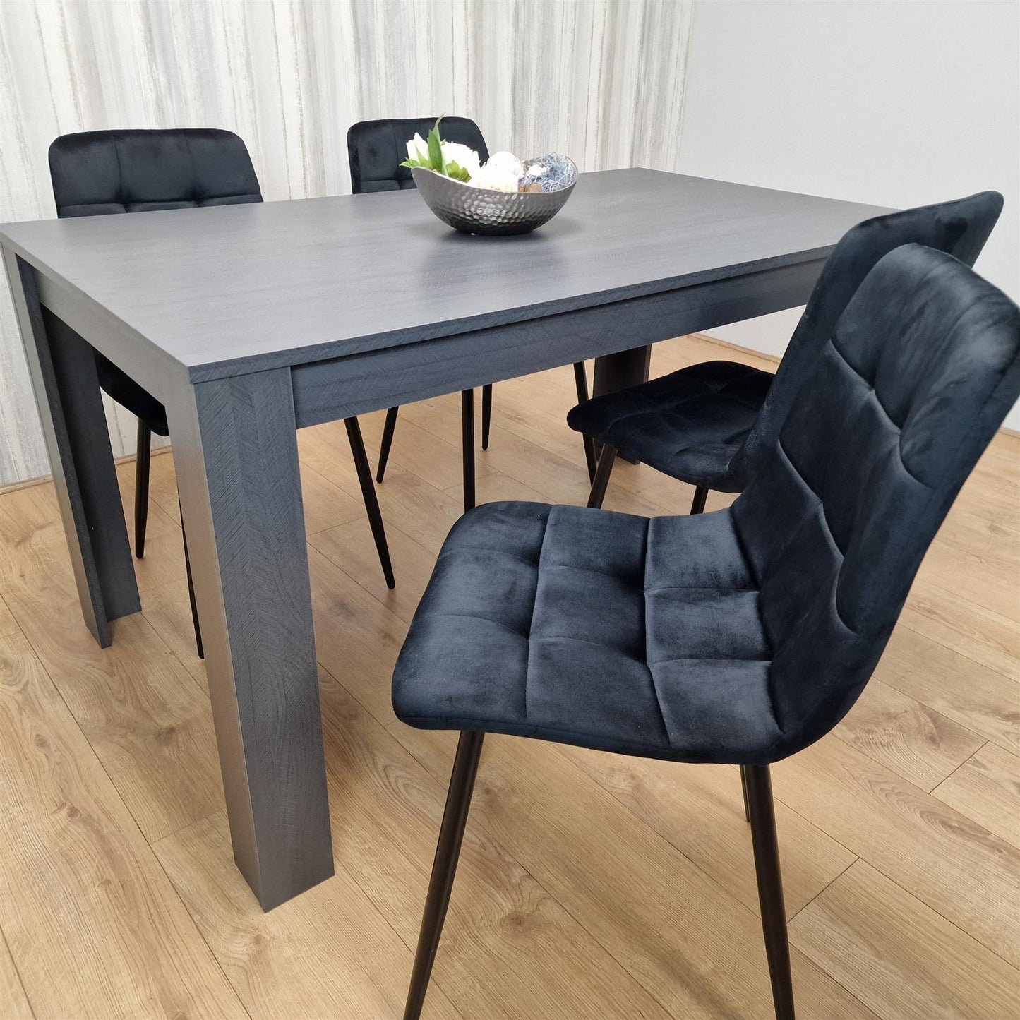 Dining Table and 4 Chairs Black Dark Grey Velvet Chairs Wood Dining Set Furniture