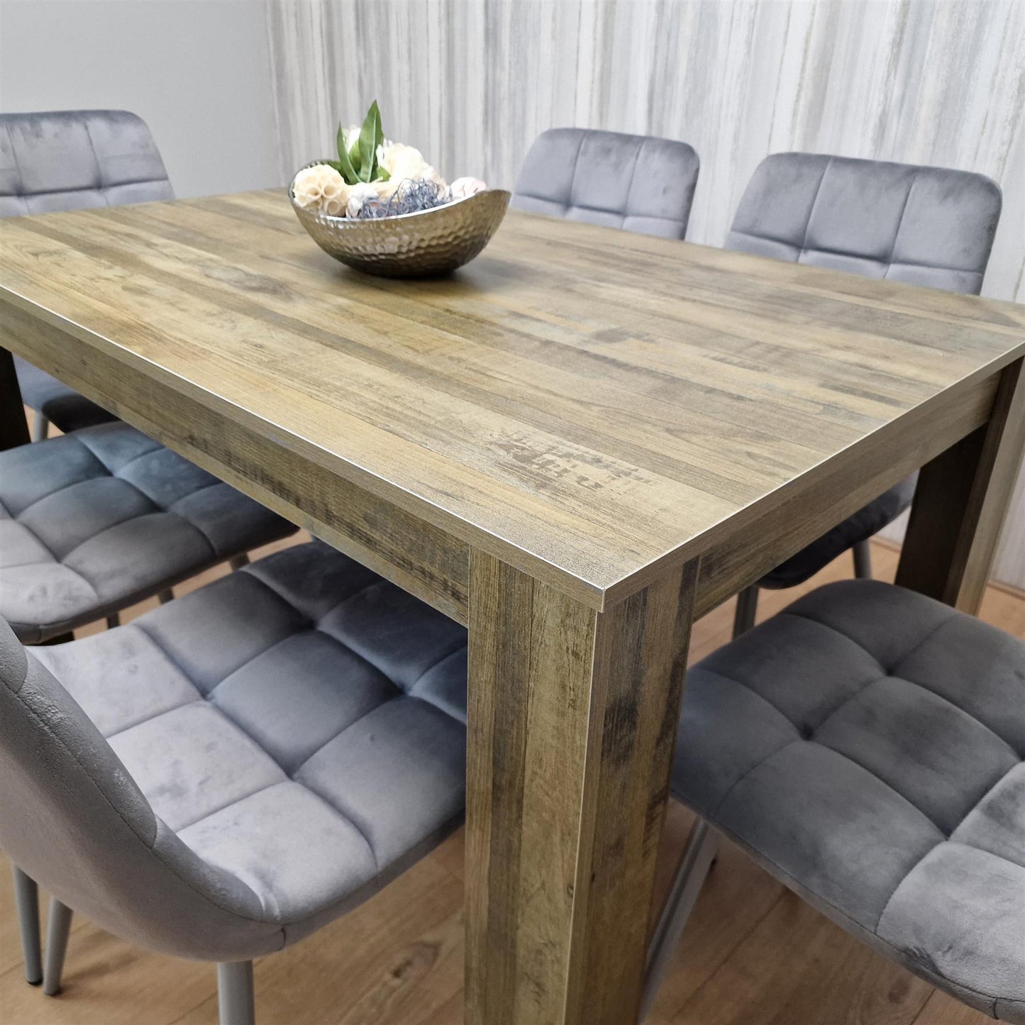 Dining Table and 6 Chairs Rustic Effect Wood Table 6 Grey Velvet Chairs Dining Room