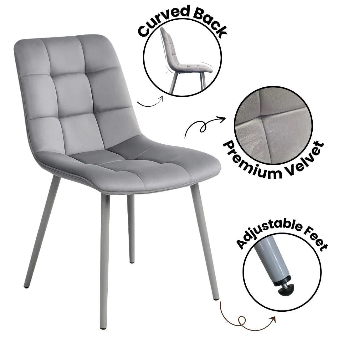 Doubs Grey Wooden Effect Dining Table Set with 4 Tufted Velvet Grey Chairs , Melamine Finish, Curved Back Design