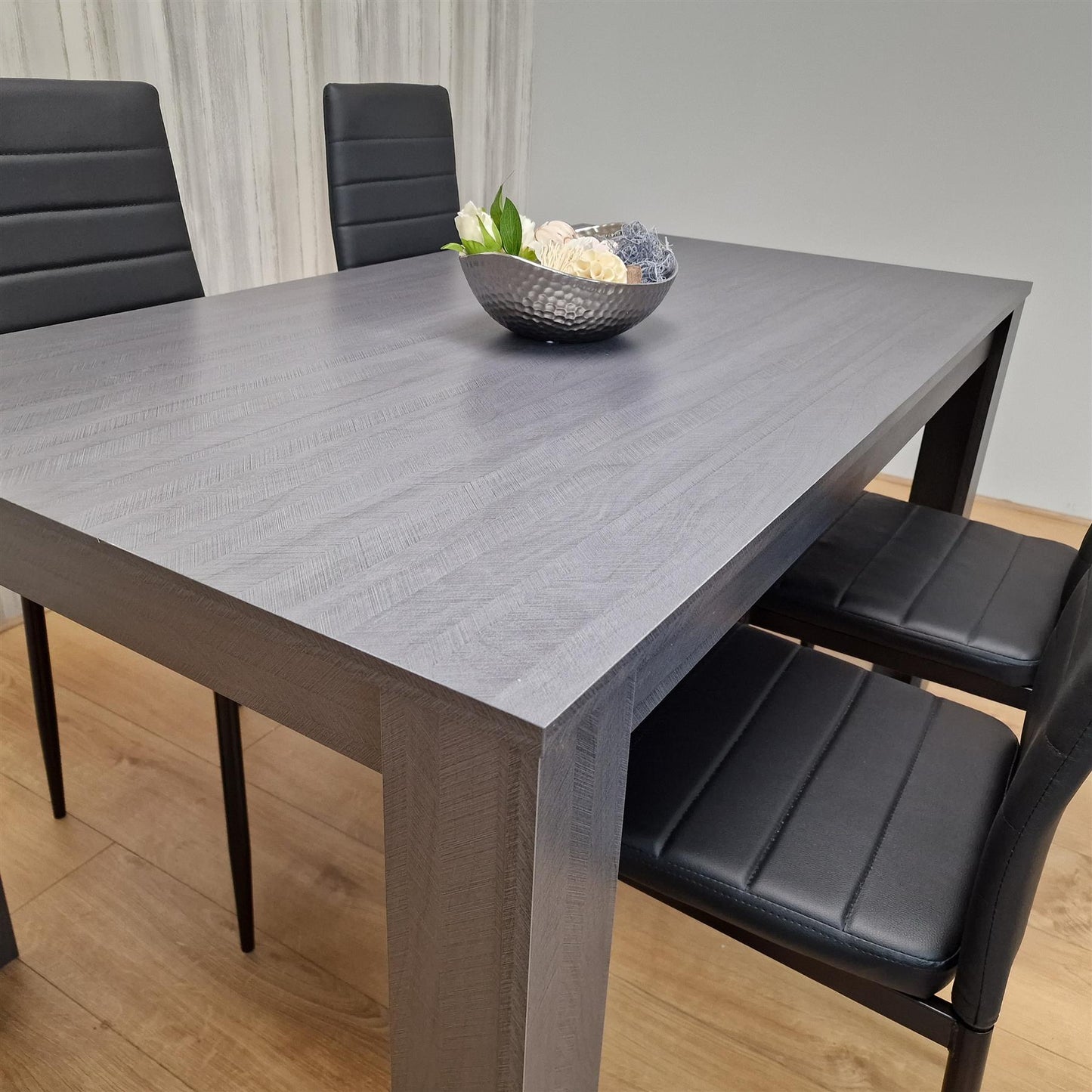 DOUBS Dining Table and 4 Chairs Black Dark Grey Leather Chairs Wood Dining Set Furniture