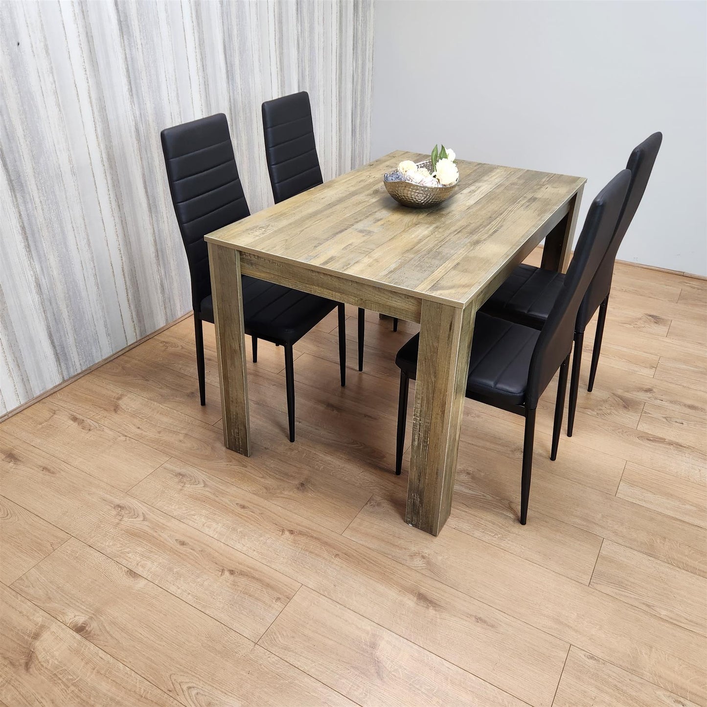 Dining Table and 4 Chairs Rustic Effect Wood Table 4 Black Leather Chairs Dining Room