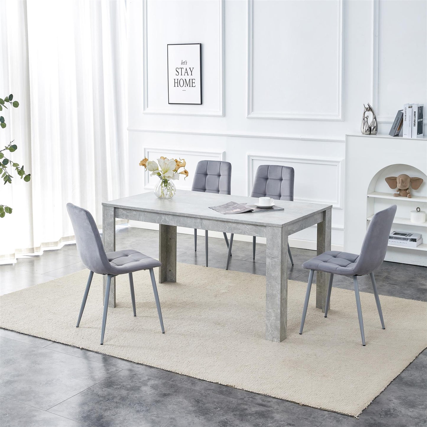 Doubs Grey Wooden Effect Dining Table Set with 4 Tufted Velvet Grey Chairs , Melamine Finish, Curved Back Design