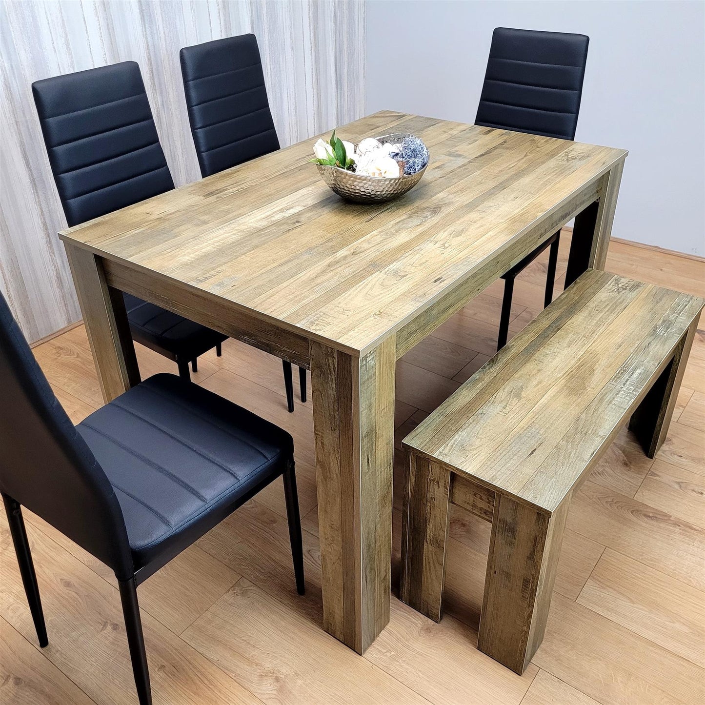 DOUBS Wooden Dining Table Set for 6 Rustic Effect Table With 4 Black Leather Chairs and 1 Bench
