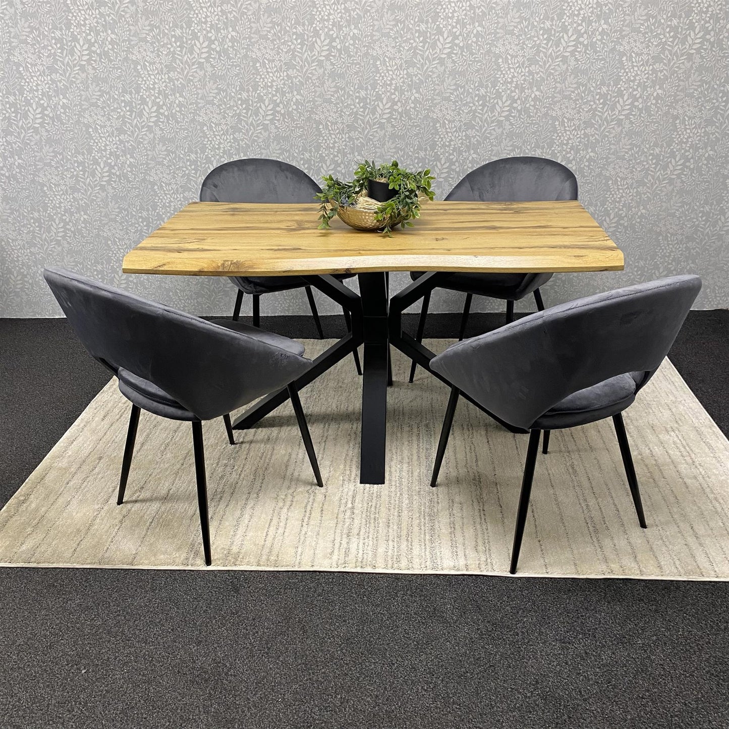DOUBS Wooden Dining Table with X-Shaped Iron Legs and 4 Grey Velvet Chairs – Modern Dining Set for Home and Kitchen