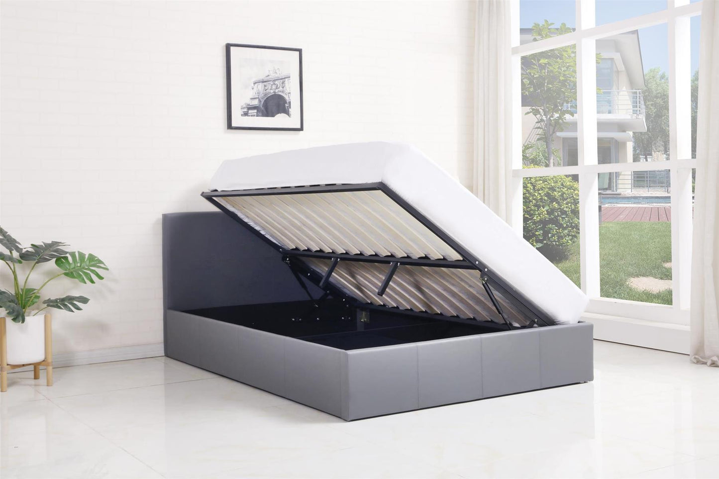 Ottoman Bed Gas Lift Storage Leather 3ft , 4ft, 4ft6 Bed , Pine Wood , Optional Memory Foam Matress