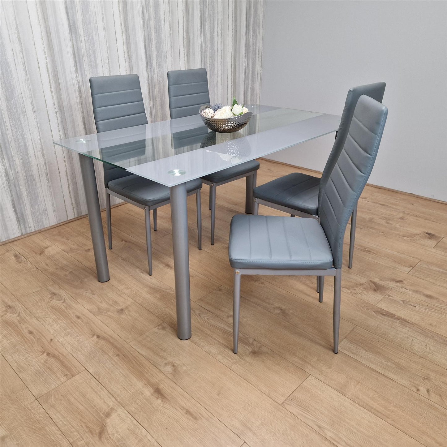 Dining Table and 4 Chairs Grey Clear Glass 4 Leather Grey Chairs Dining Room Furniture