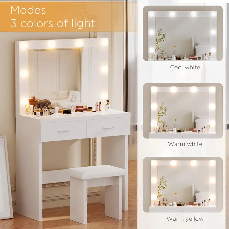 White Dressing Table Set with Hollywood LED Mirror, 2 Large Drawers, and Stool – Vanity Makeup Table with Adjustable 3-Colour Lights, USB Port, and Storage for Bedroom Décor