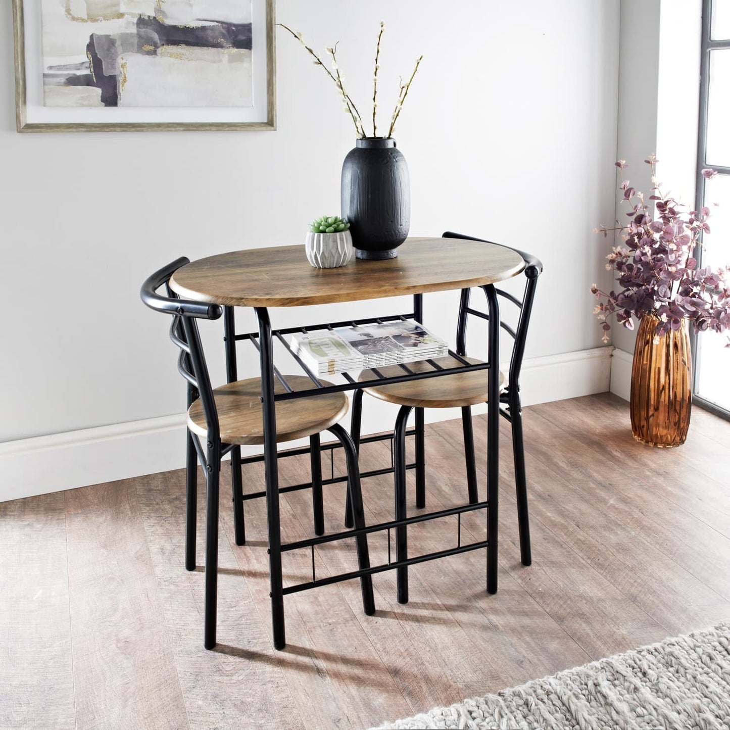 Breakfast Table Set – Rustic Oak-Effect Compact Dining Table with 2 Chairs, Small Kitchen and Dining Room Furniture