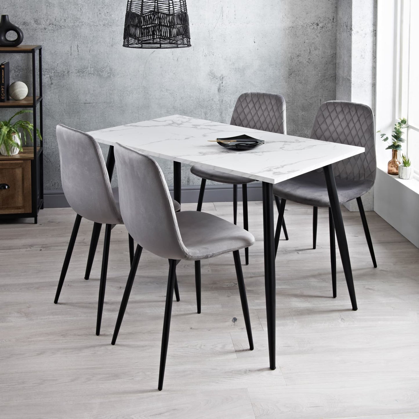 White Marble-Effect Table with 4 Grey padded Chairs, Modern Rectangular Kitchen and Dining Room Furniture