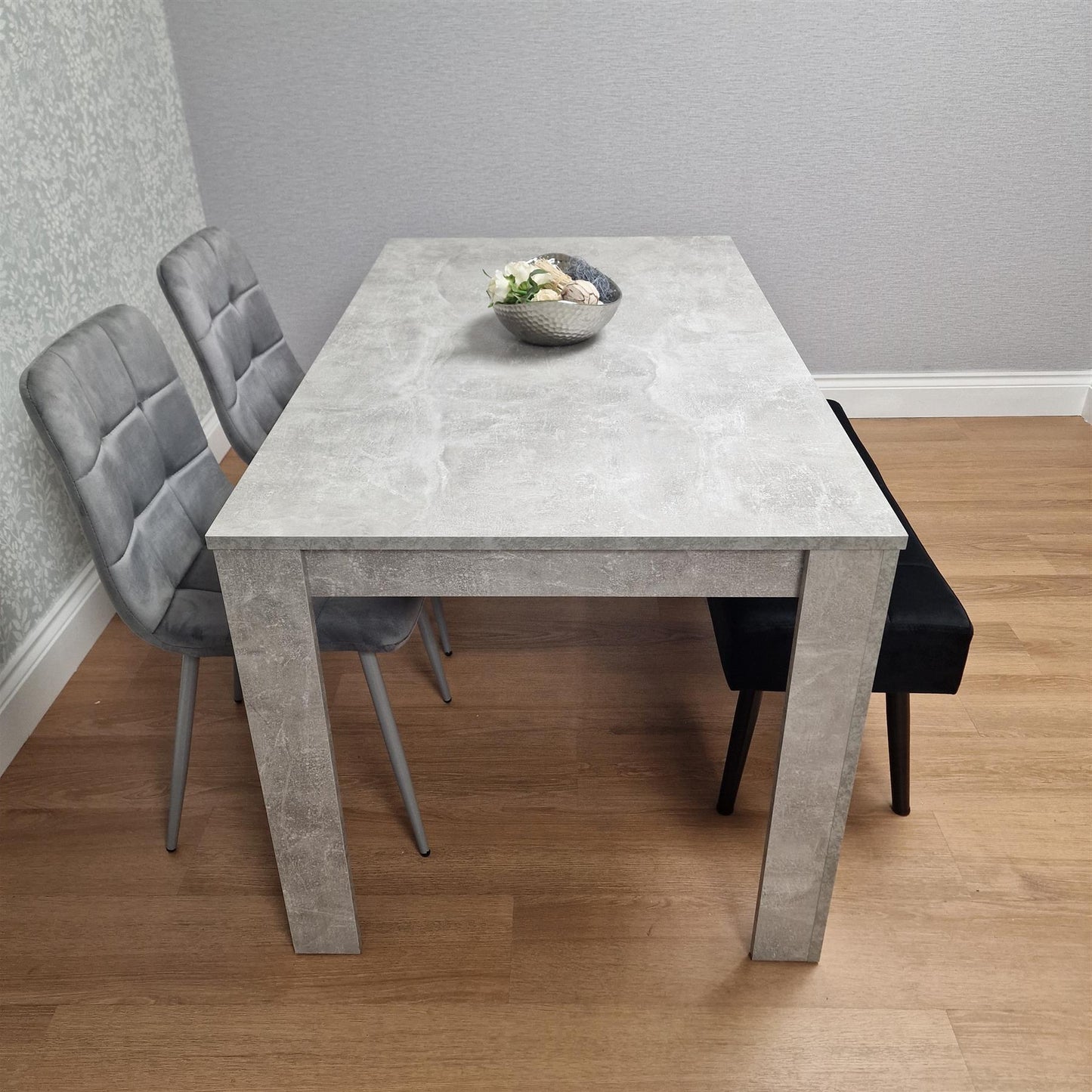 Grey Wooden Dining Table Set with 2 Grey Chairs and 1 Bench - Dining Kitchen Room Furniture