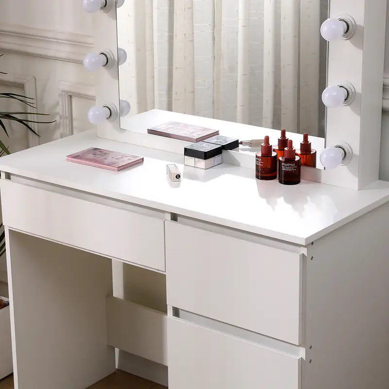 White Vanity Dressing Table with Large Mirror and Lights – 4 Drawer Makeup Desk with Ample Storage, Modern Bedroom Furniture for Jewellery, Cosmetics, and Beauty Essentials
