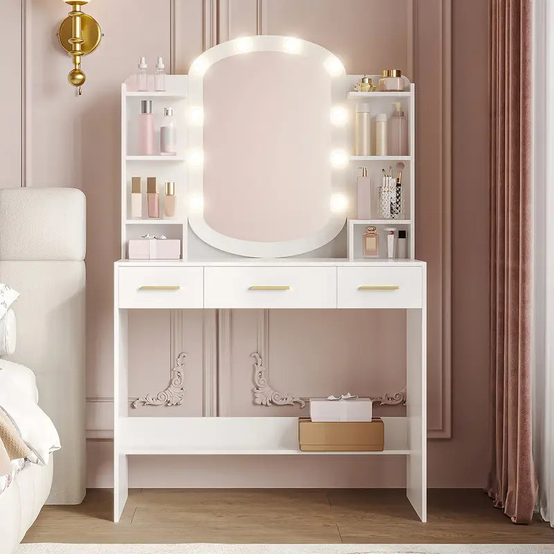 Doubs Contemporary White Dressing Table with Oval Mirror, LED Lighting, Ample Storage, and Elegant Modern Design