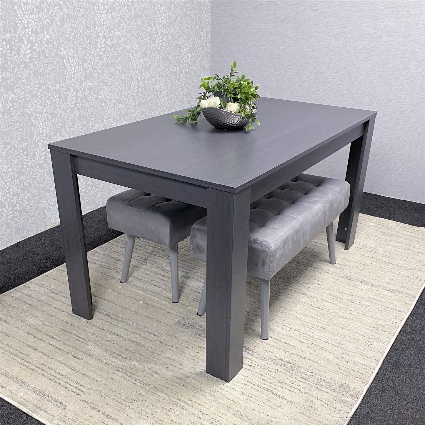 DOUBS Wooden Dark Grey Arrow Design Dining Set with Velvet Chairs & Benches