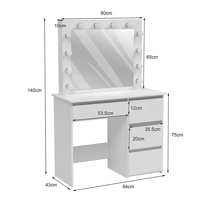 White Vanity Dressing Table with Large Mirror and Lights – 4 Drawer Makeup Desk with Ample Storage, Modern Bedroom Furniture for Jewellery, Cosmetics, and Beauty Essentials