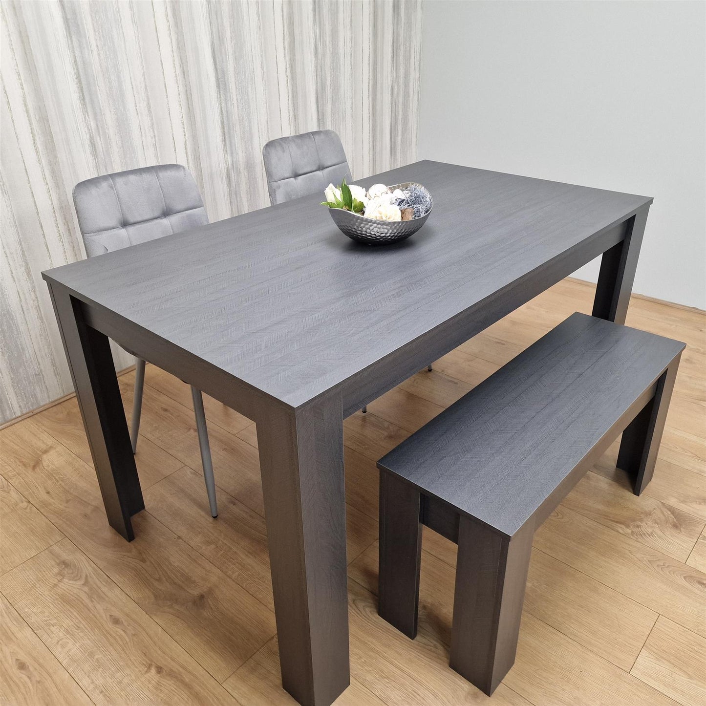 DOUBS Dining Table and 2 Chairs With Bench Black Dark Grey Velvet Chairs Wood Dining Set Furniture