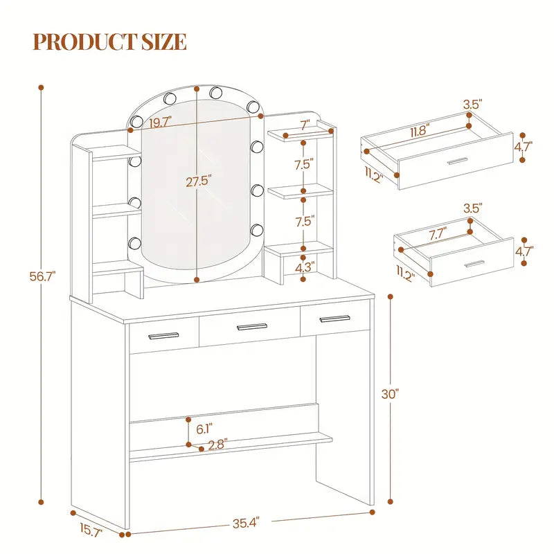 Doubs Contemporary White Dressing Table with Oval Mirror, LED Lighting, Ample Storage, and Elegant Modern Design