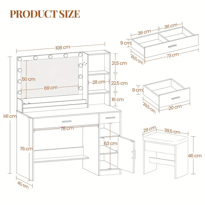 White Vanity Dressing Table with Large Mirror, Stool, and Ample Storage – Makeup Desk with Drawers, Cupboard, and Organiser for Cosmetics and Jewellery