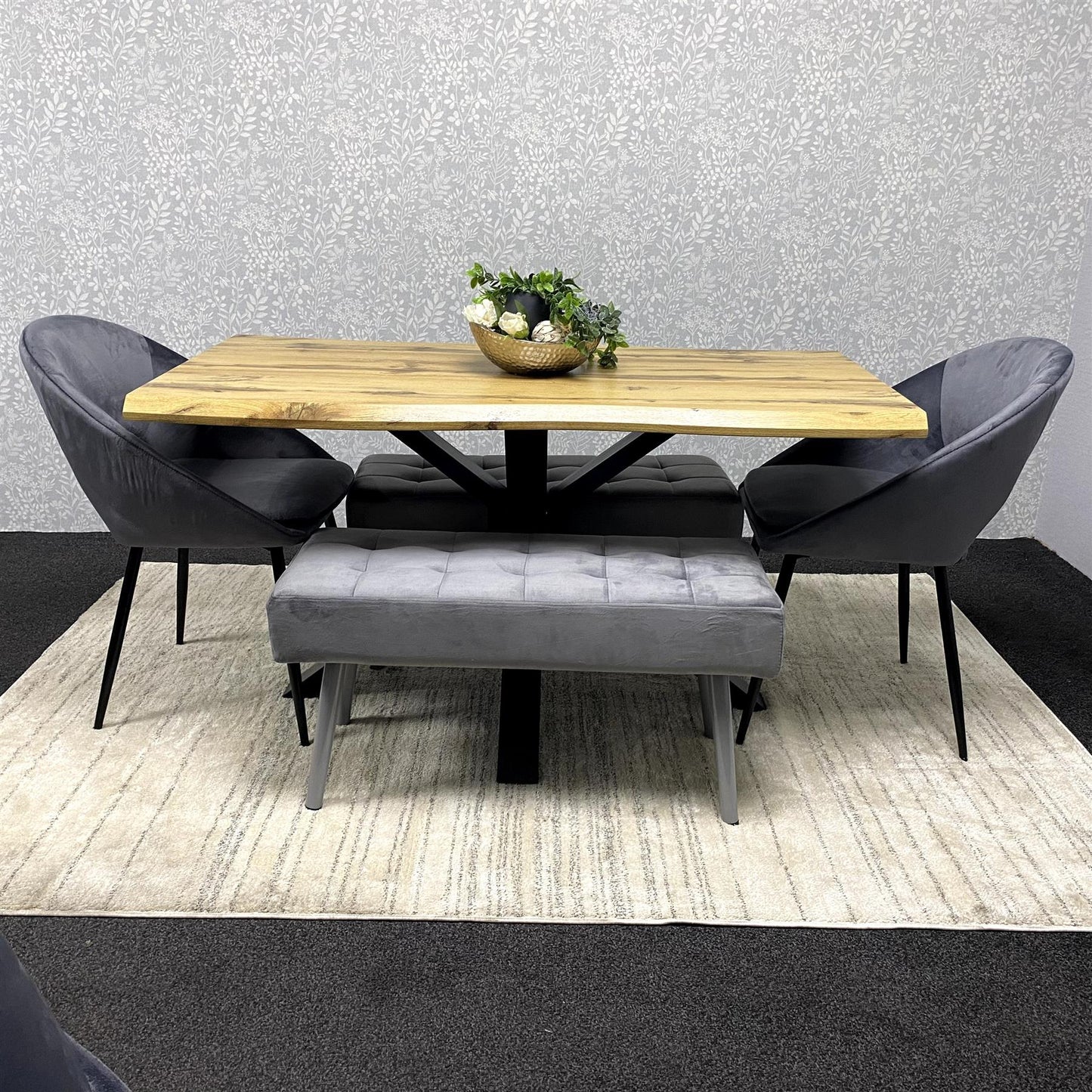 DOUBS Wooden Rectangular Dining Table Set with Velvet Chairs & Wooden Benches
