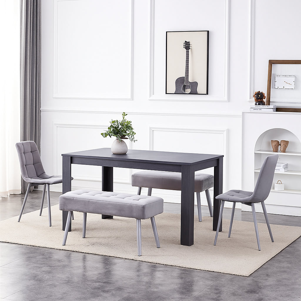 Dark Grey Arrow Design Wooden Dining Table with Velvet Chairs and 2 Benches