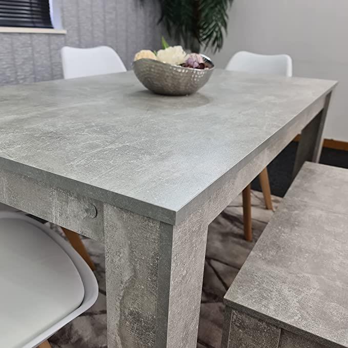 Dining Table and 4 Chairs With Bench Stone Grey Effect Wood Table 4 White Plastic Leather Chairs Dining Room