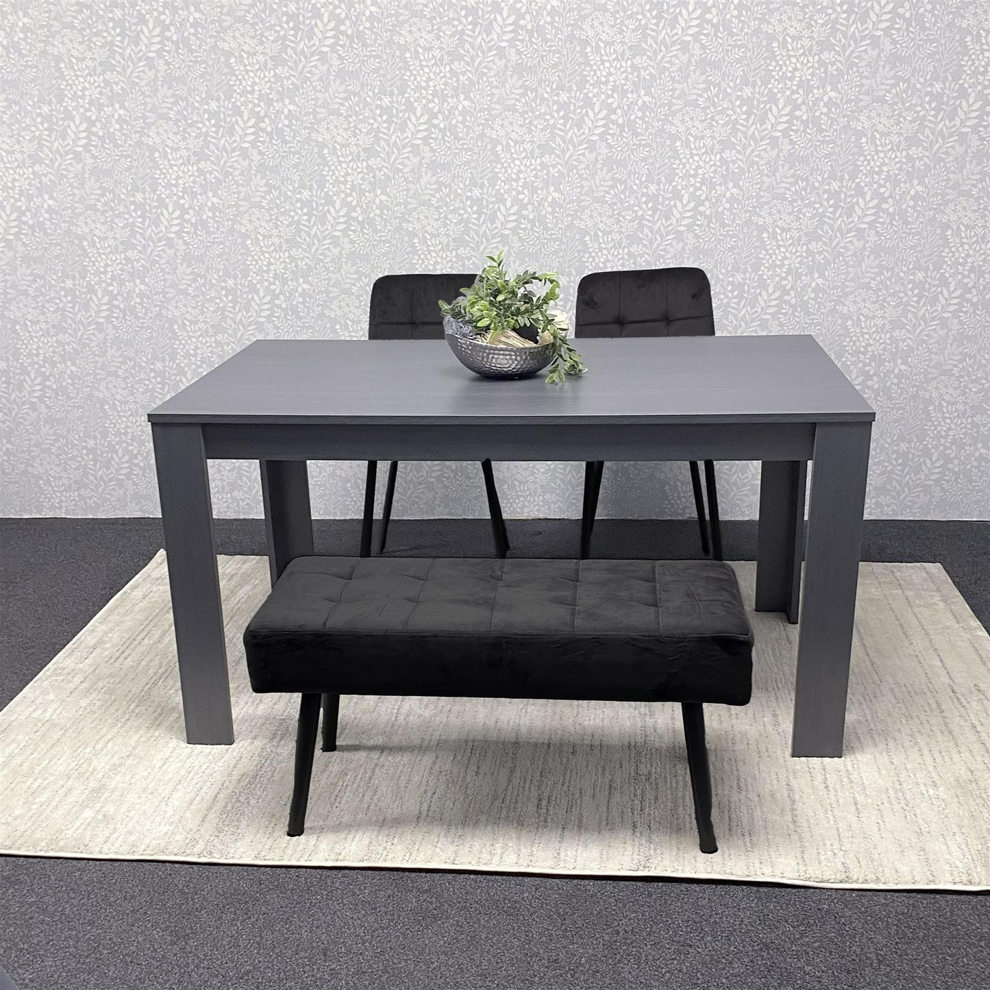 Dark Grey Wooden Dining Set with Velvet Chairs and Bench, Arrow Design