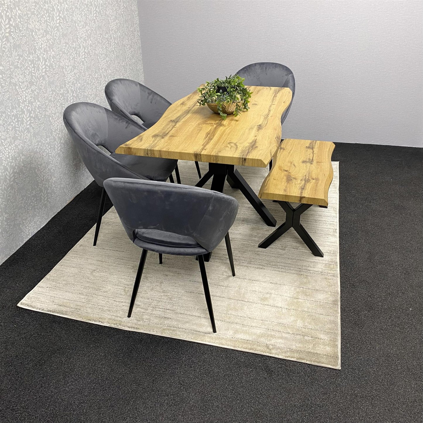 DOUBS Wooden Brown Dining Table with Bench and 4 Grey Velvet Chairs, Stylish Dining Room Furniture