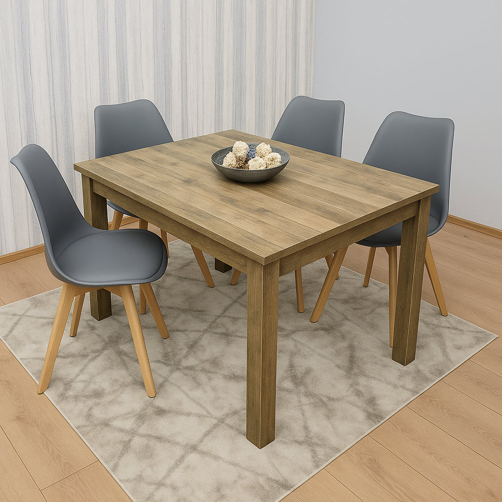 Dining Table and 4 Chairs Rustic Effect Wood Table 4 Grey Plastic Leather Chairs Dining Room