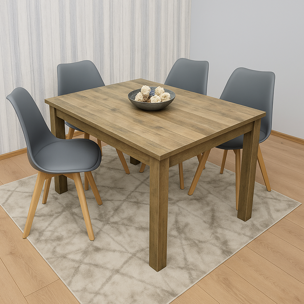 DOUBS Dining Table and 4 Chairs Rustic Effect Wood Table 4 Grey Plastic Leather Chairs Dining Room