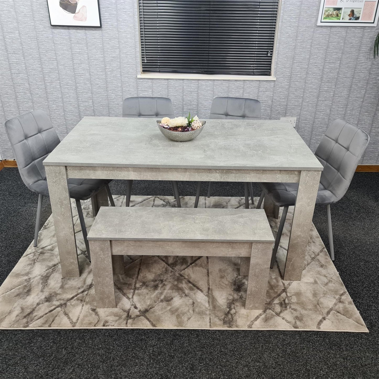 Doubs Grey Wooden Dining Table Set with 4 Tufted Velvet Grey Chairs & Bench – , Melamine Finish, Modern Curved Back Design