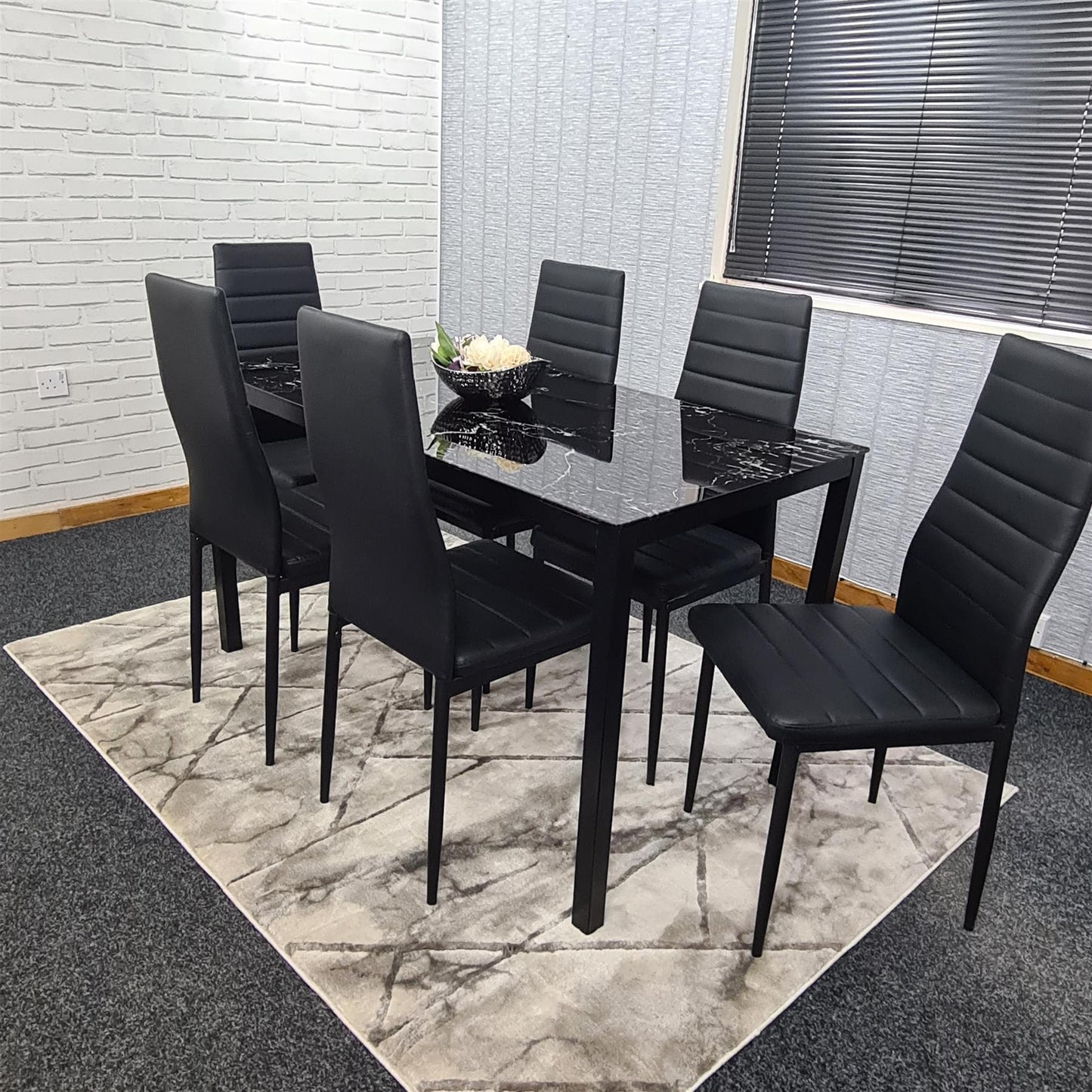 Dining Table and 6 Chairs Black Marble Effect Glass 6 Leather Black Chairs Dining Room Furniture