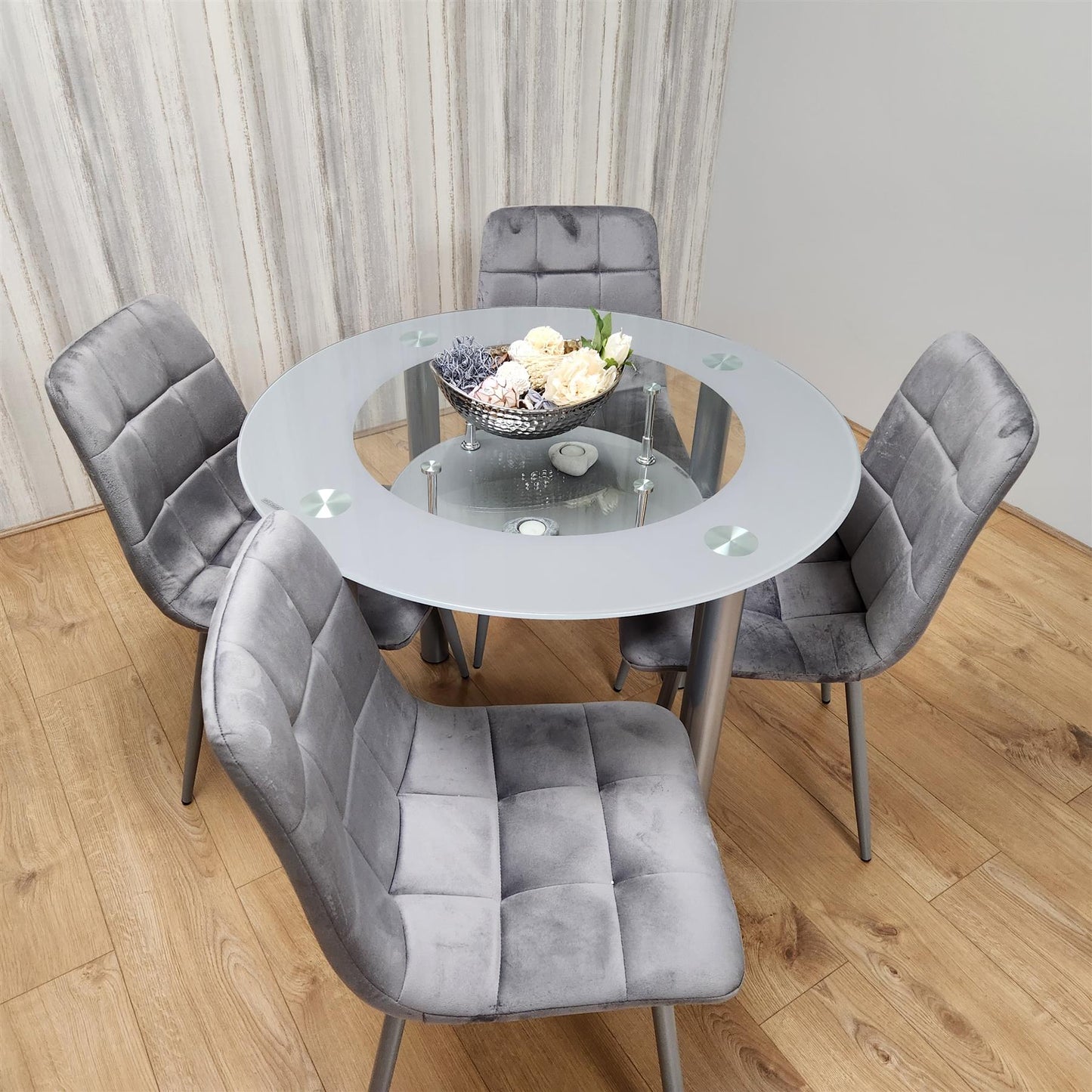 Dining Table and 4 Chairs Round Grey Glass 4 Grey Velvet Chairs Dining Room Furniture