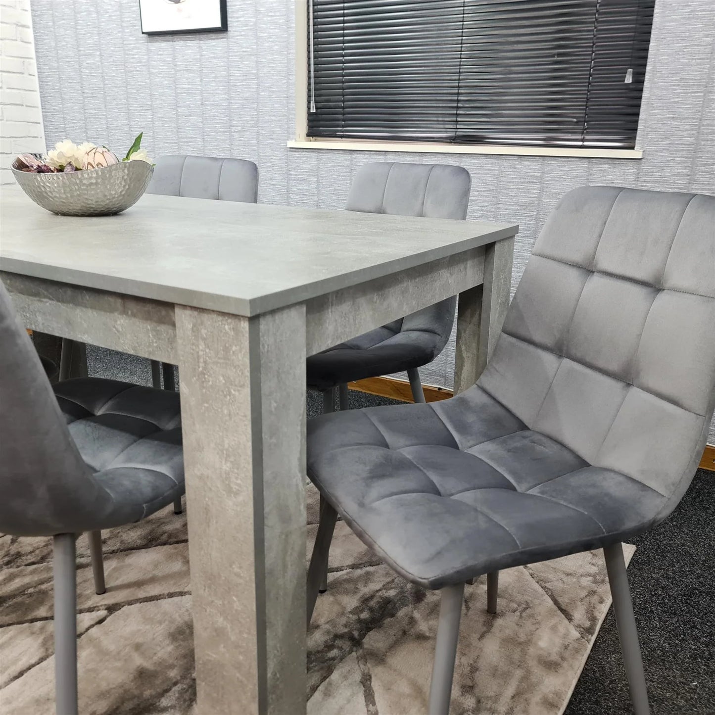 Doubs Grey Wooden Effect Dining Table Set with 6 Tufted Velvet Grey Chairs , Melamine Finish, Modern Curved Back Design