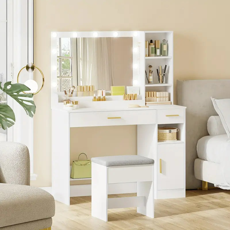 White Vanity Dressing Table with Large Mirror, Stool, and Ample Storage – Makeup Desk with Drawers, Cupboard, and Organiser for Cosmetics and Jewellery
